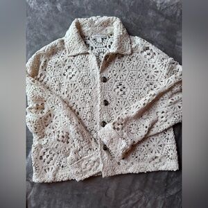Cream Crochet Button-Up Shacket